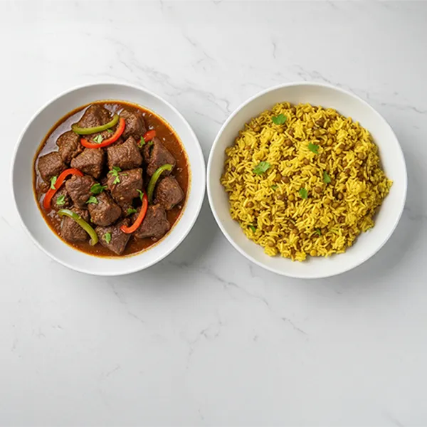 Chucky Beef Mugalgal  With Pepper & Saffron Lentil Rice